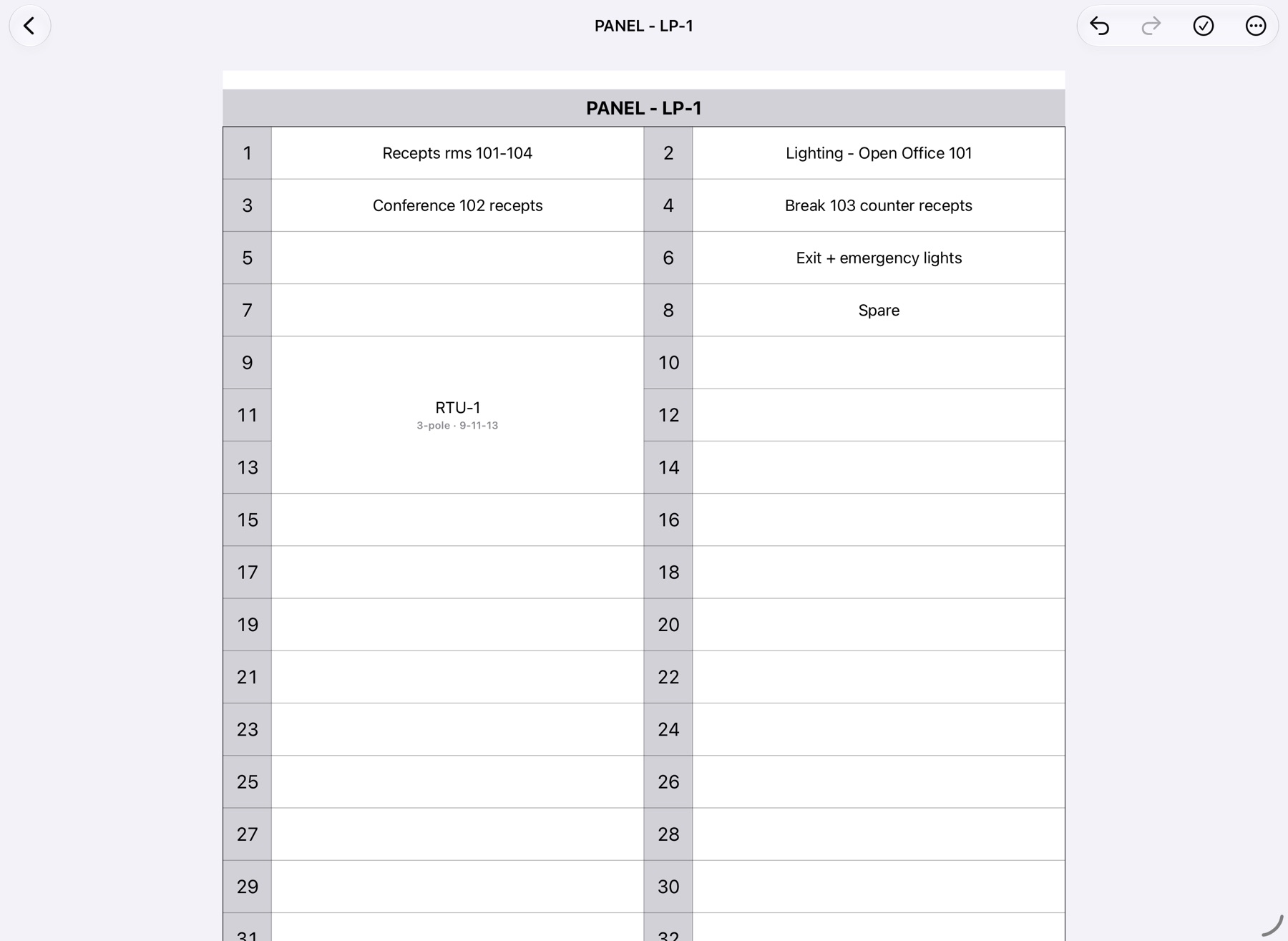Panel schedule LP-1 with a three-pole RTU breaker spanning circuits 9, 11 and 13.