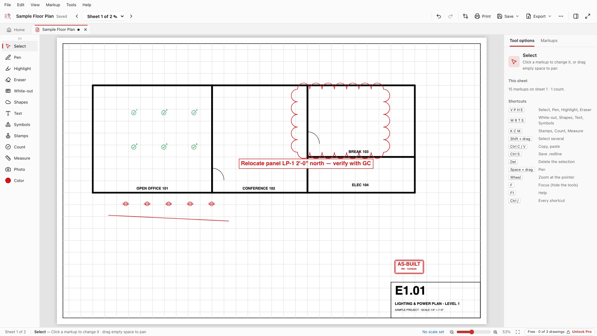 Rough-In Redlines on Windows: sample sheet E1.01 with clouds, counts and a text callout.